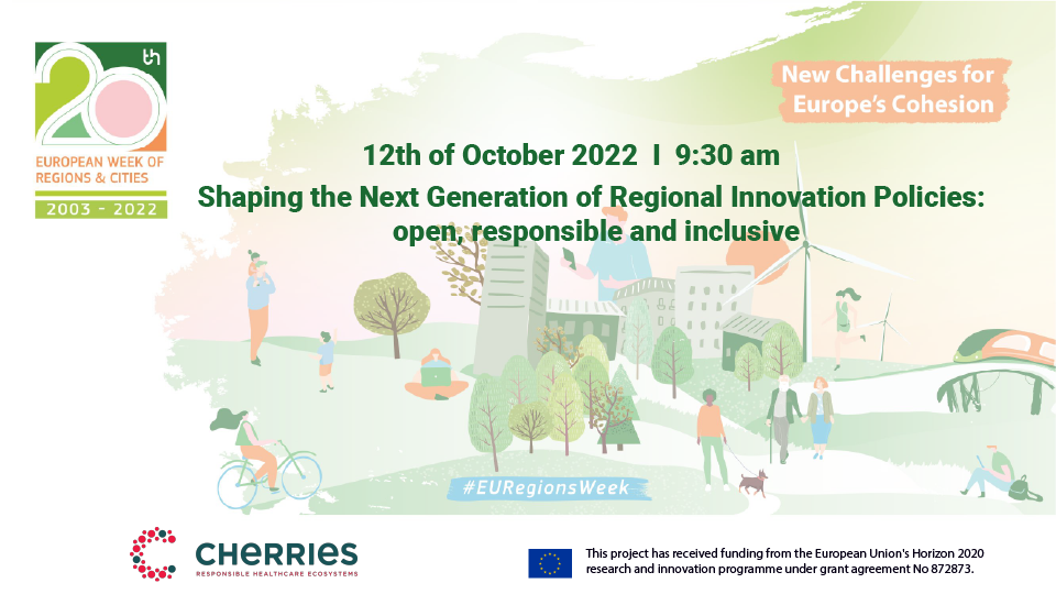 Draw of a green neighbourhood and title of CHERRIES session at European Week of the Regions and CIties