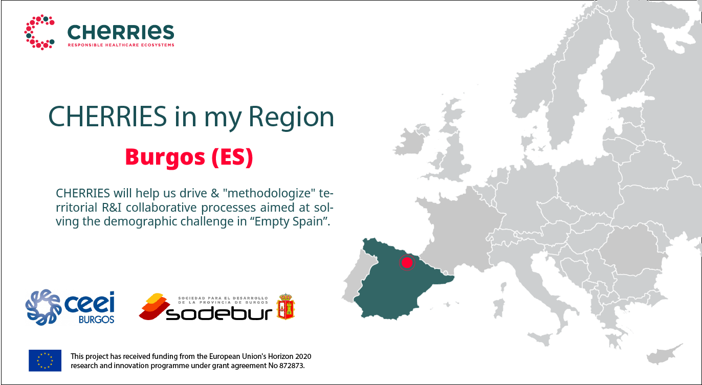 Map of the EU where Spain is highlighted and a red dot signals the province of Burgos.