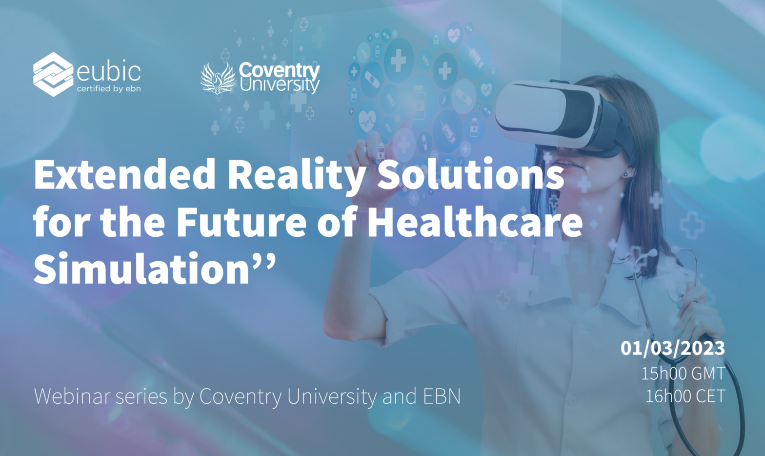 Young lady using extended reality solutions for healthcare. Details about the webinar.